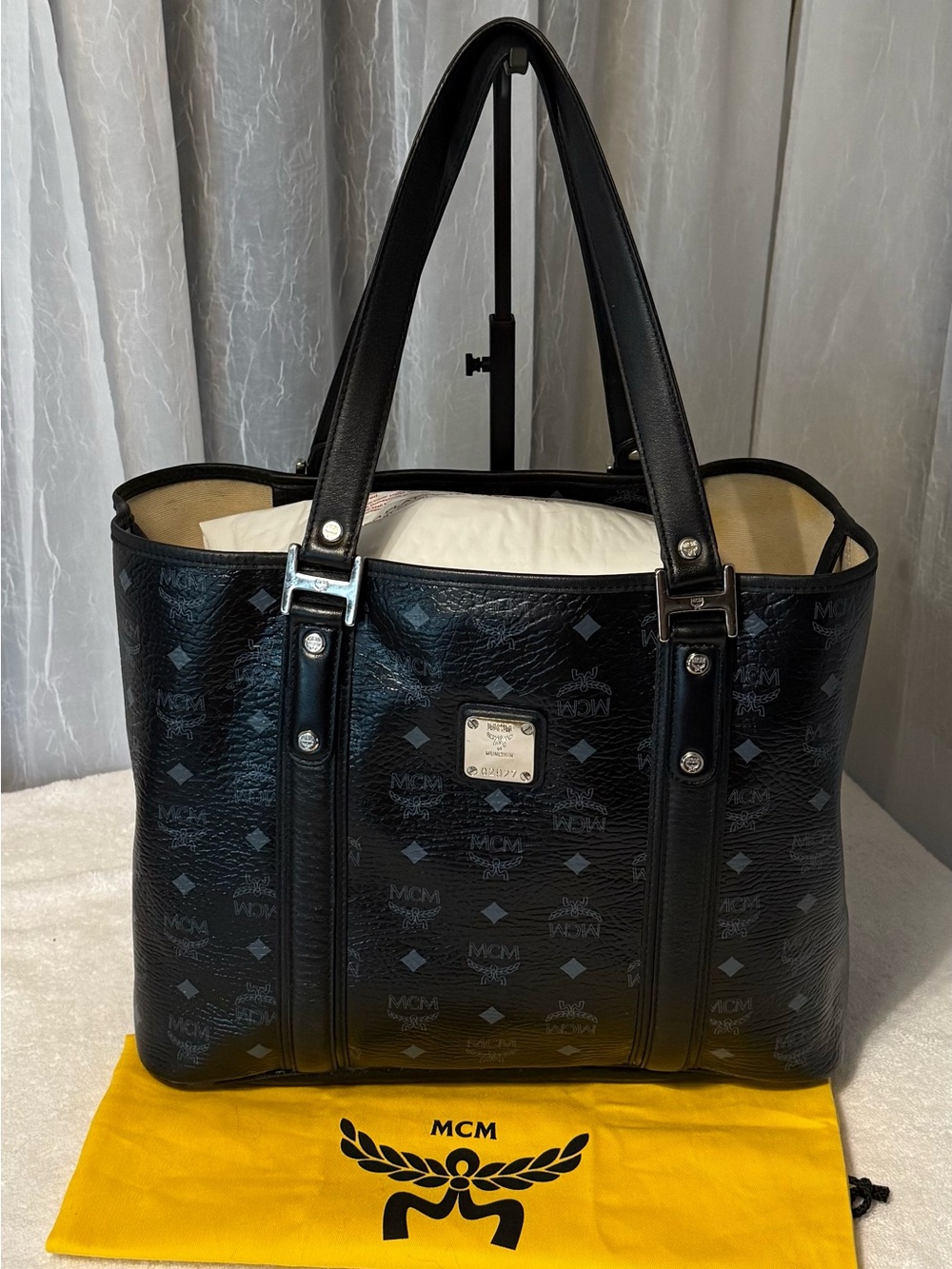 MCM Black Visetos Leather Signature Logo Shopper Tote with Silver Plaque